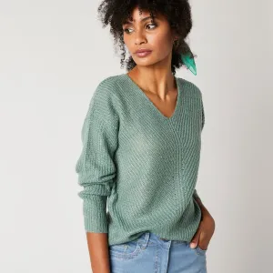 Długi sweter z dekoltem w serek - khaki - Rozmiar 50