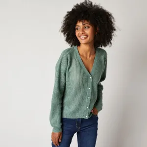 Sweter z dekoltem w serek z guzikami - khaki - Rozmiar 50