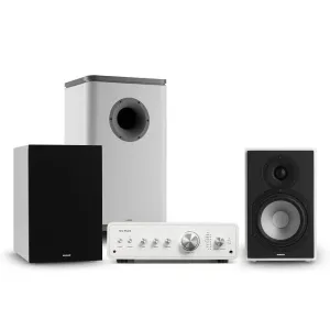 Numan Drive 802, zestaw stereo składający się ze wzmacniacza stereo, kolumn, subwoofera i osłon, biały/szary