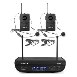Vonyx WM82B Digital, zestaw mikrofonów bezprzewodowych UHF, 2 kanały, 2 x mikrofon nagłowny, zasięg 50 m, walizka