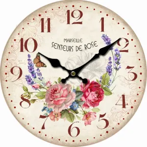 Drewniany zegar ścienny Marseille flowers, śr. 34 cm